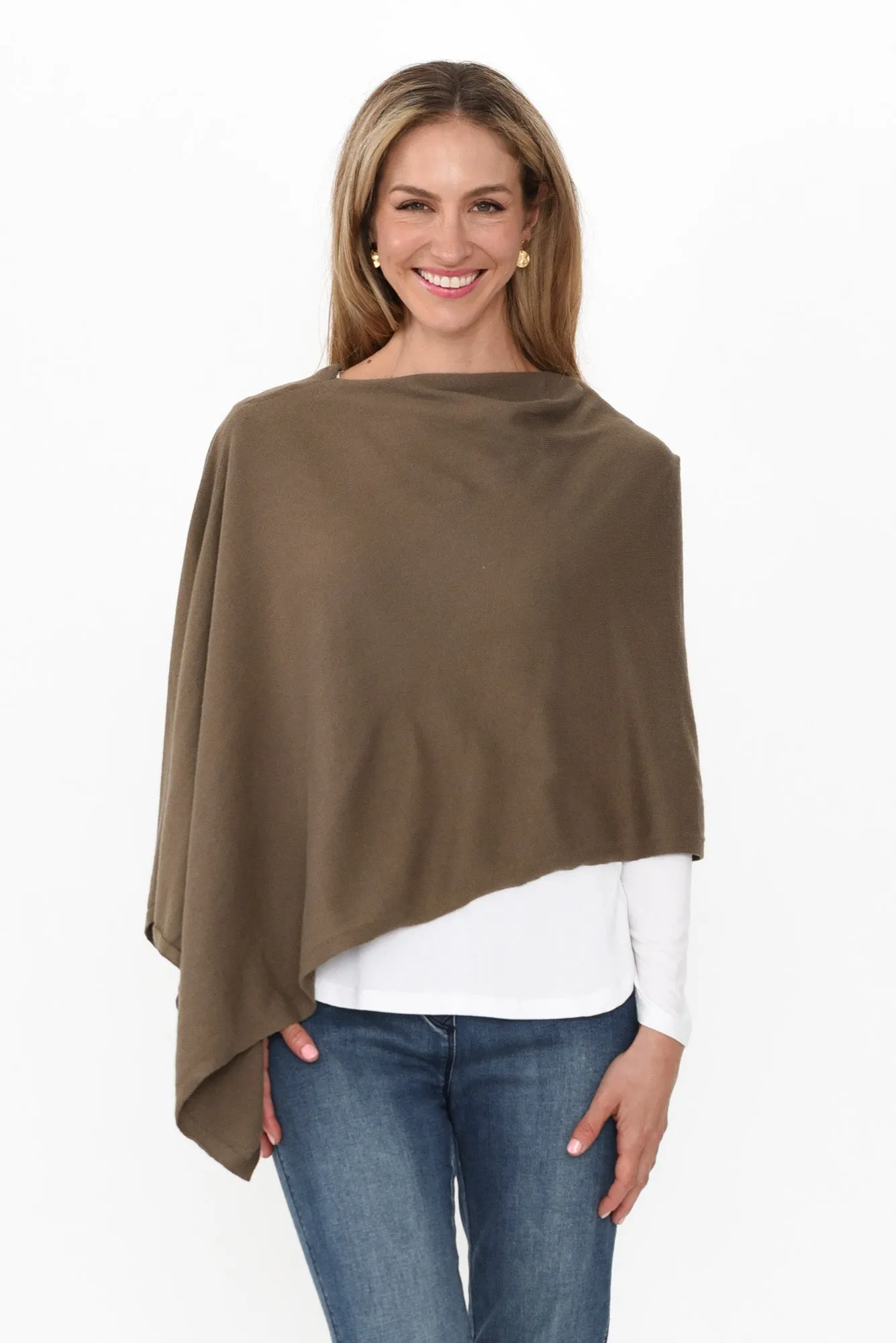 Elorie Khaki Cotton Cashmere Poncho