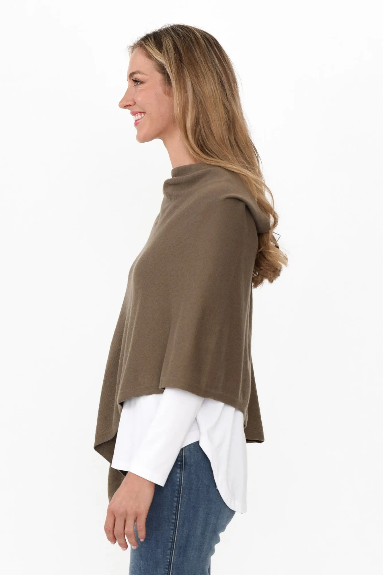 Elorie Khaki Cotton Cashmere Poncho