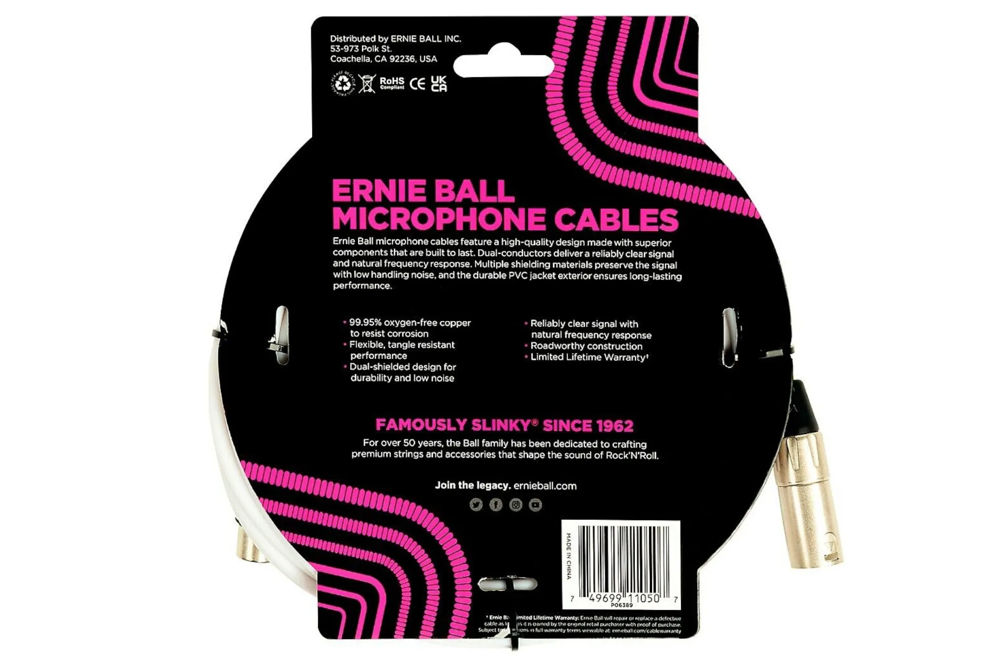 Ernie Ball 20' Male / Female XLR Microphone Cable - WHITE