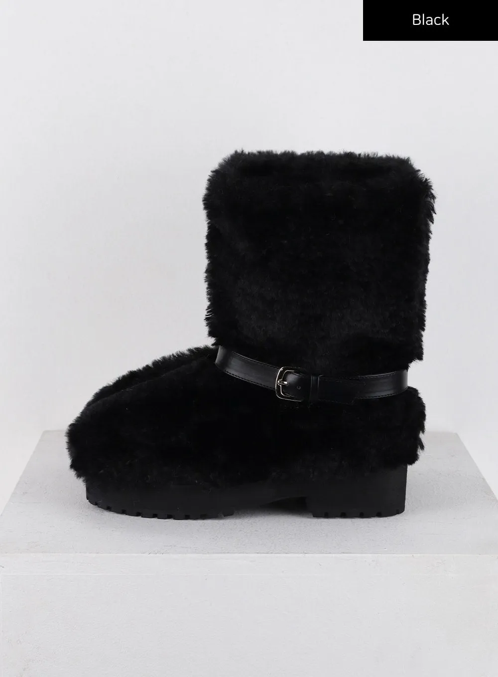 Faux Shearing Buckle Midi Boots CD312