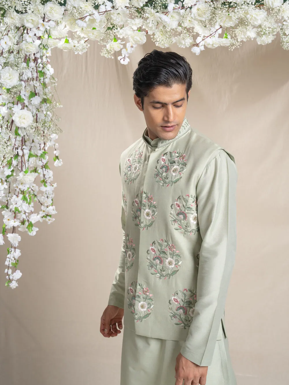 Floral Embroidery Nehru Jacket Set