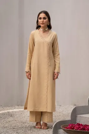 Fozia Khalid - Korean Silk Beige Angrakha with Culottes - 2 Piece