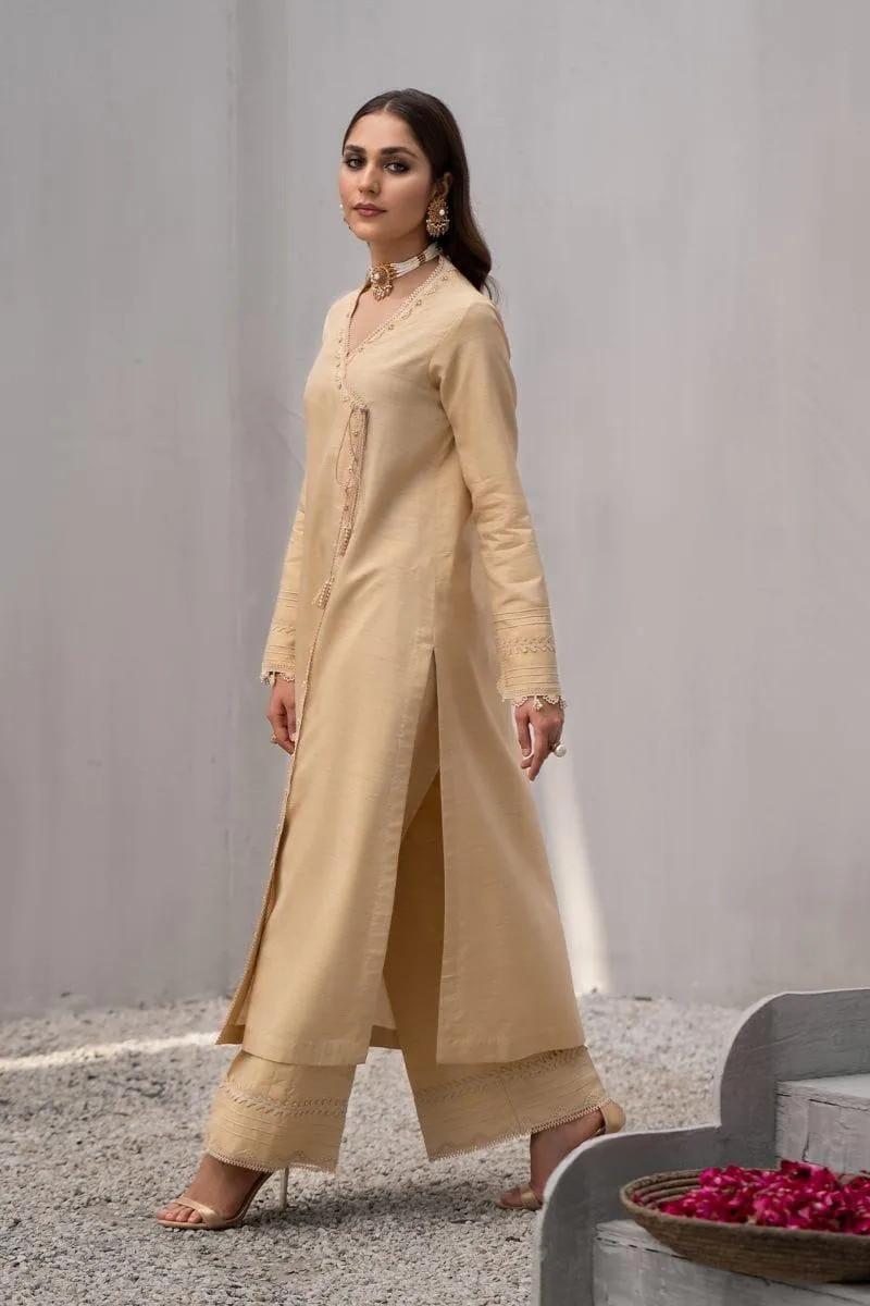 Fozia Khalid - Korean Silk Beige Angrakha with Culottes - 2 Piece