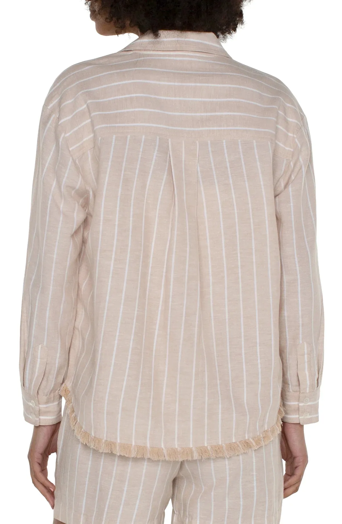 Frayed Hem Cropped Button Front Top in Tan Yard Dyed Stripe