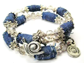 Garden Snail Blue Jean Beaded Wrap Bracelet