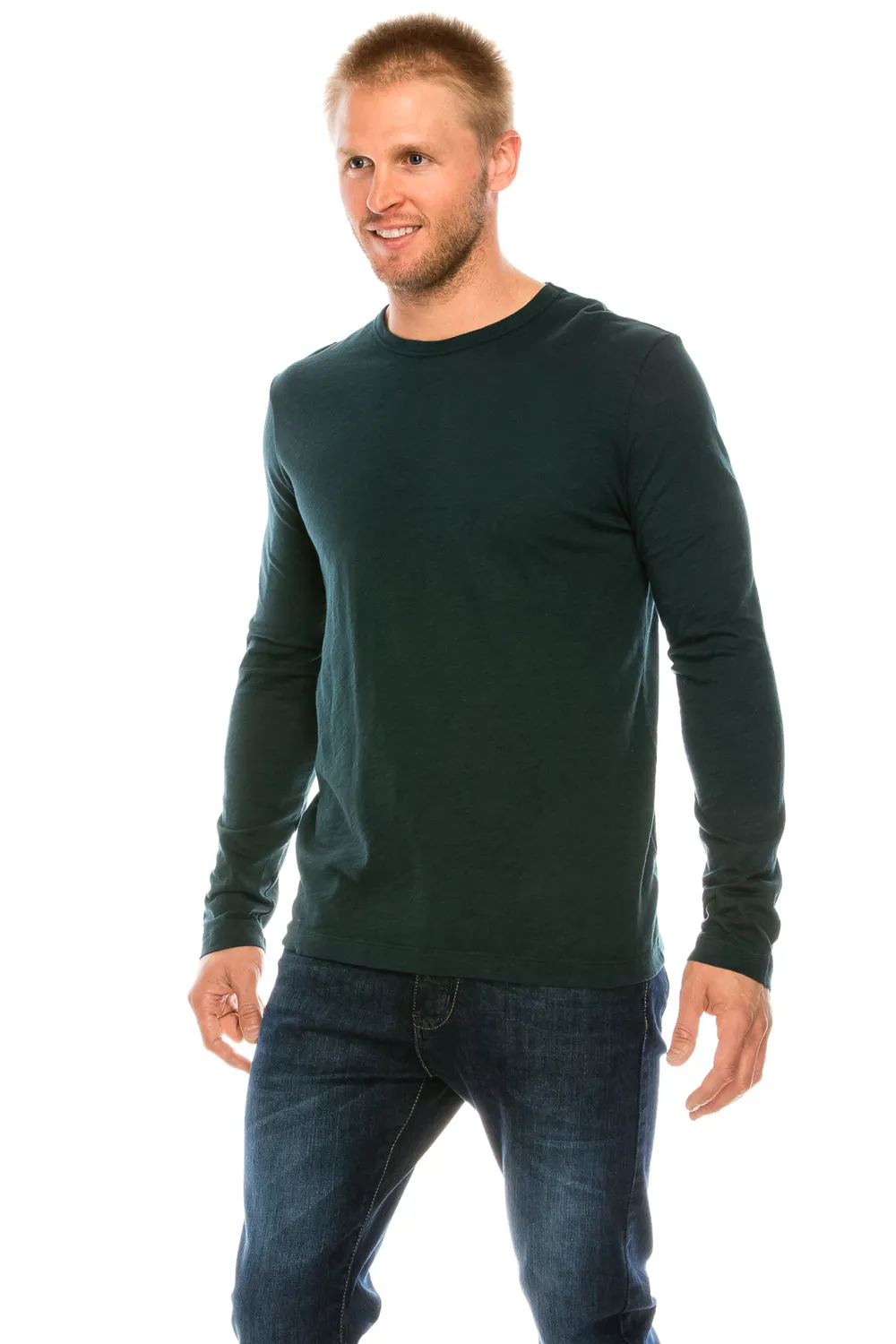 Garment-Dyed Slub Cotton Long Sleeve Crew Neck T-Shirt