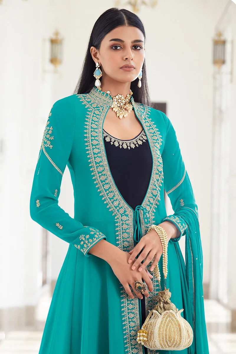 Georgette Exquisite Blue Jacket Style Anarkali Suit