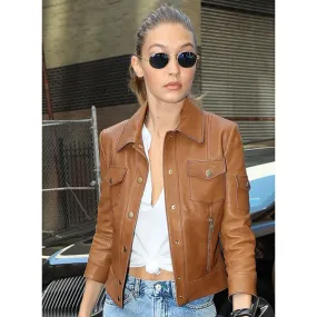 Gigi Hadid Genuine Leather Jacket Brown