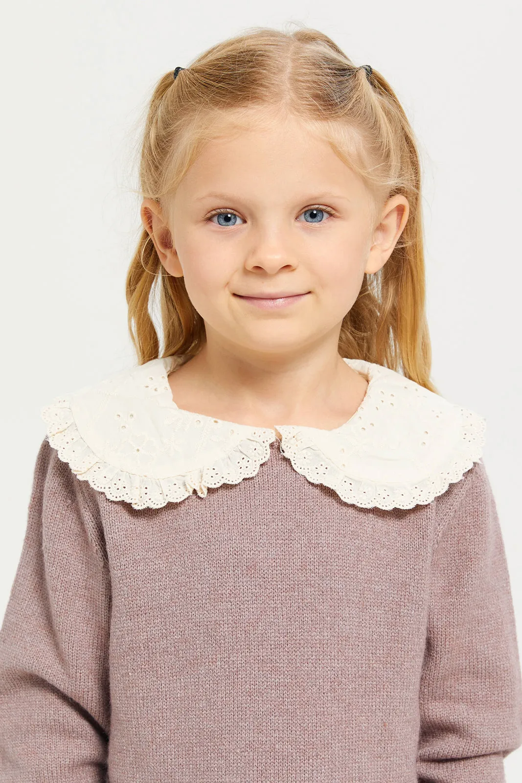 Girl Pink Lace Schiffli Collared Pullover