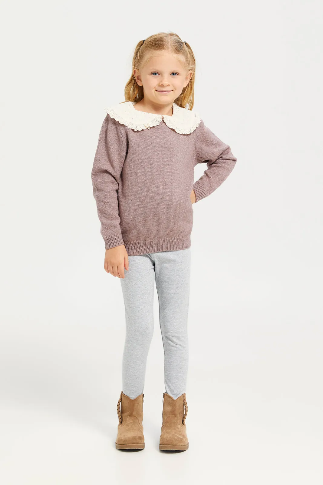 Girl Pink Lace Schiffli Collared Pullover