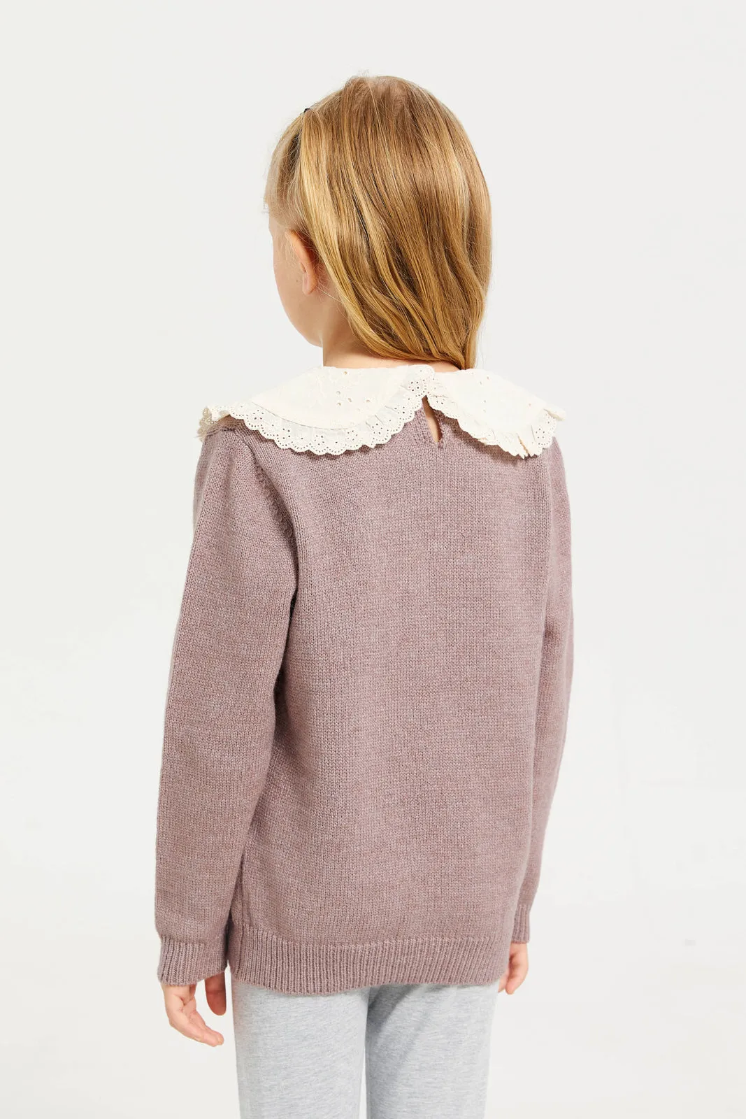 Girl Pink Lace Schiffli Collared Pullover