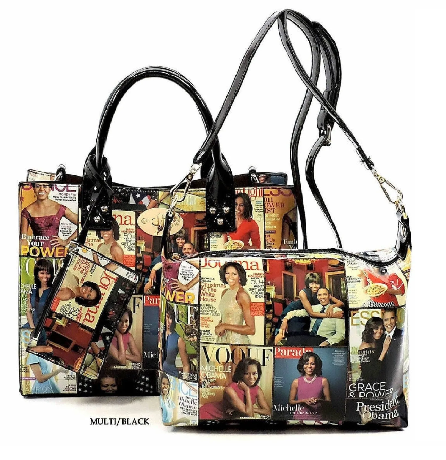 Glossy magazine cover collage cross body bag purses Michelle Obama mini handbag 3 pcs set