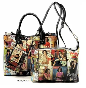 Glossy magazine cover collage cross body bag purses Michelle Obama mini handbag 3 pcs set