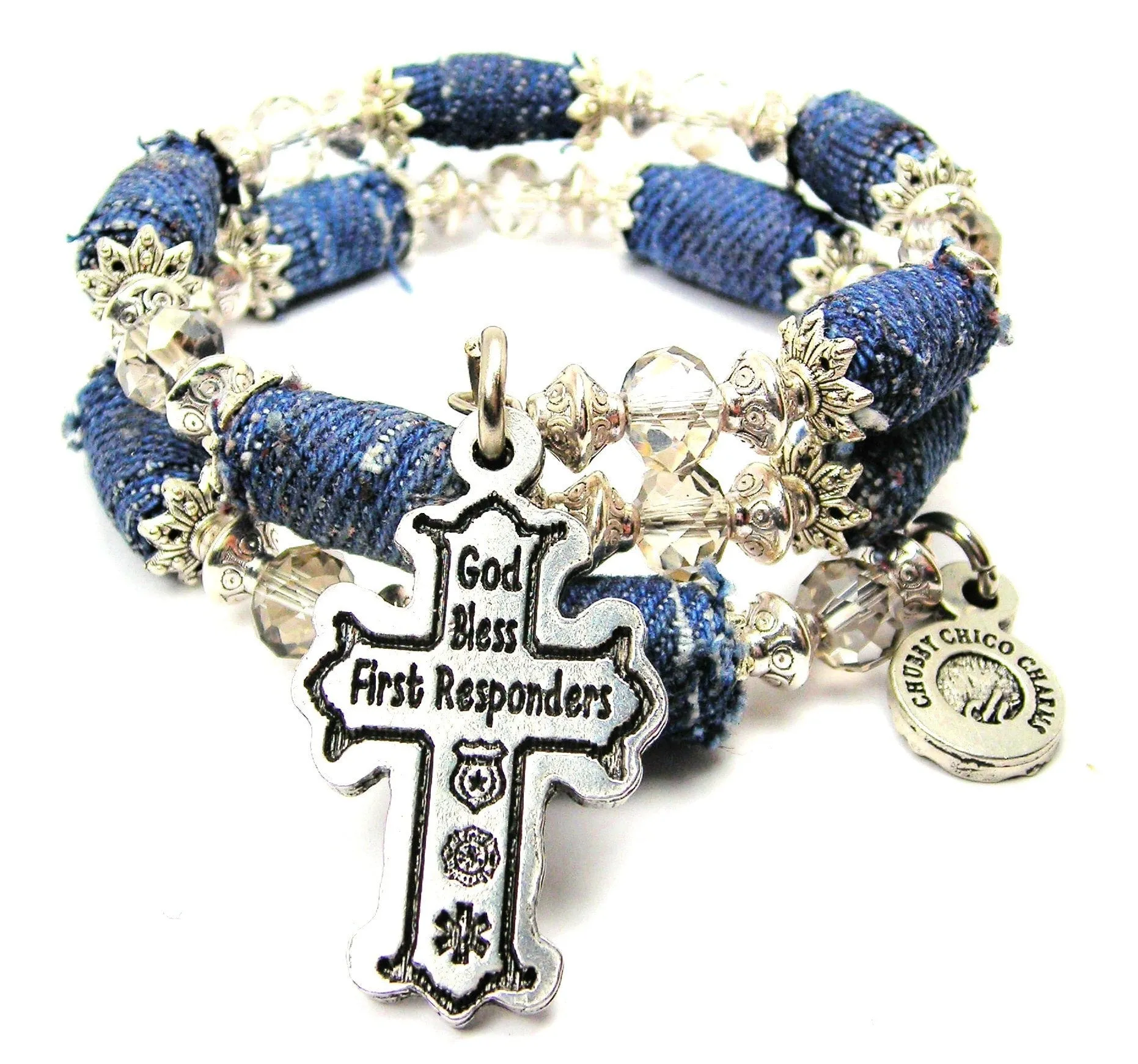 God Bless First Responders Blue Jean Beaded Wrap Bracelet