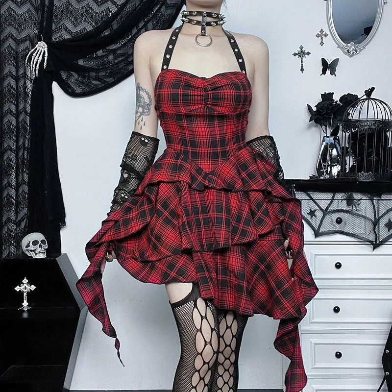 Gothic Backless Bib Plaid Poncho Medium Dress