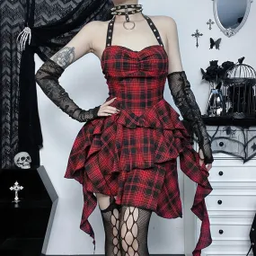 Gothic Backless Bib Plaid Poncho Medium Dress