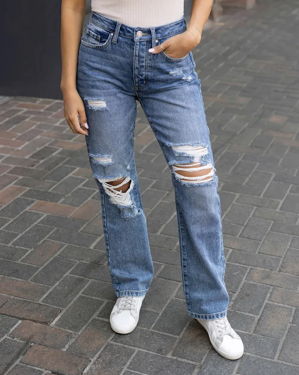 Grace & Lace Stretch Mix 90's Jeans - Distressed Mid-Wash