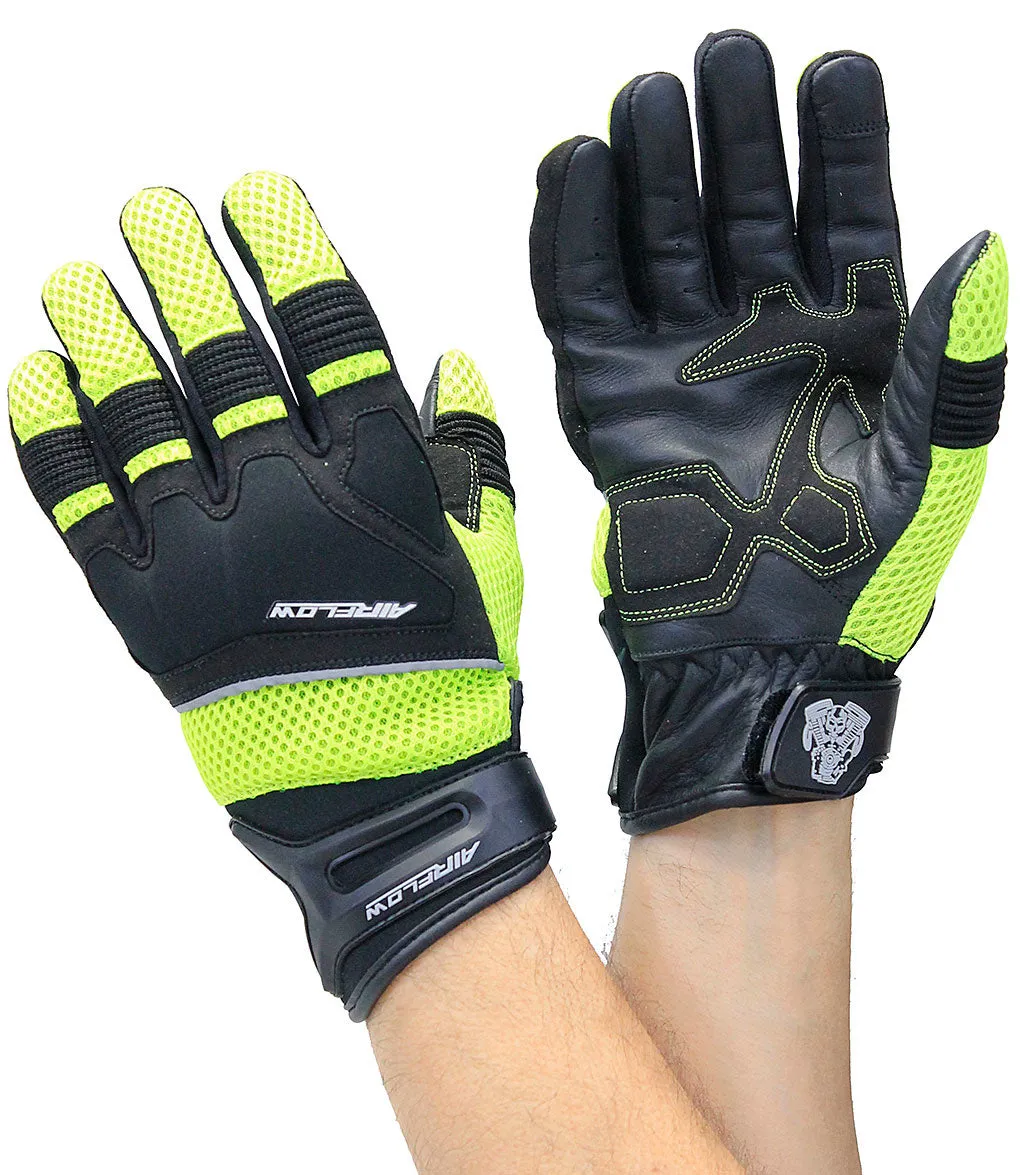 Green Mesh Motorcycle Gloves with Leather Palm & Reflectors #GC4344VRN ()