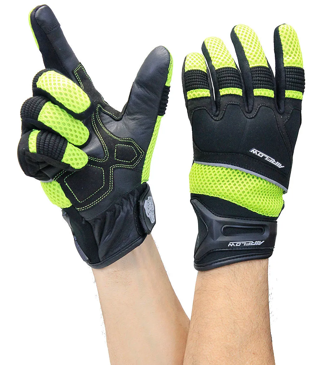 Green Mesh Motorcycle Gloves with Leather Palm & Reflectors #GC4344VRN ()