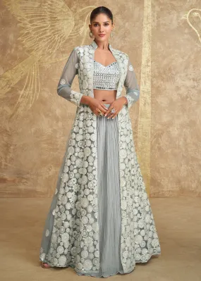 Grey Georgette Embroidered Jacket Style Lehenga Choli