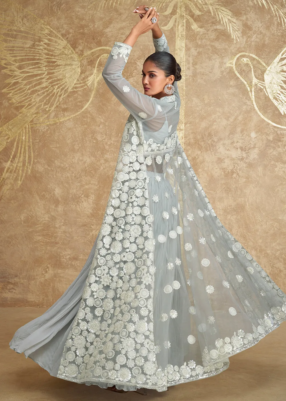 Grey Georgette Embroidered Jacket Style Lehenga Choli