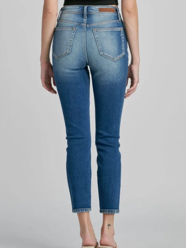 High Rise Distress Mom Skinny - Medium/Dark Denim