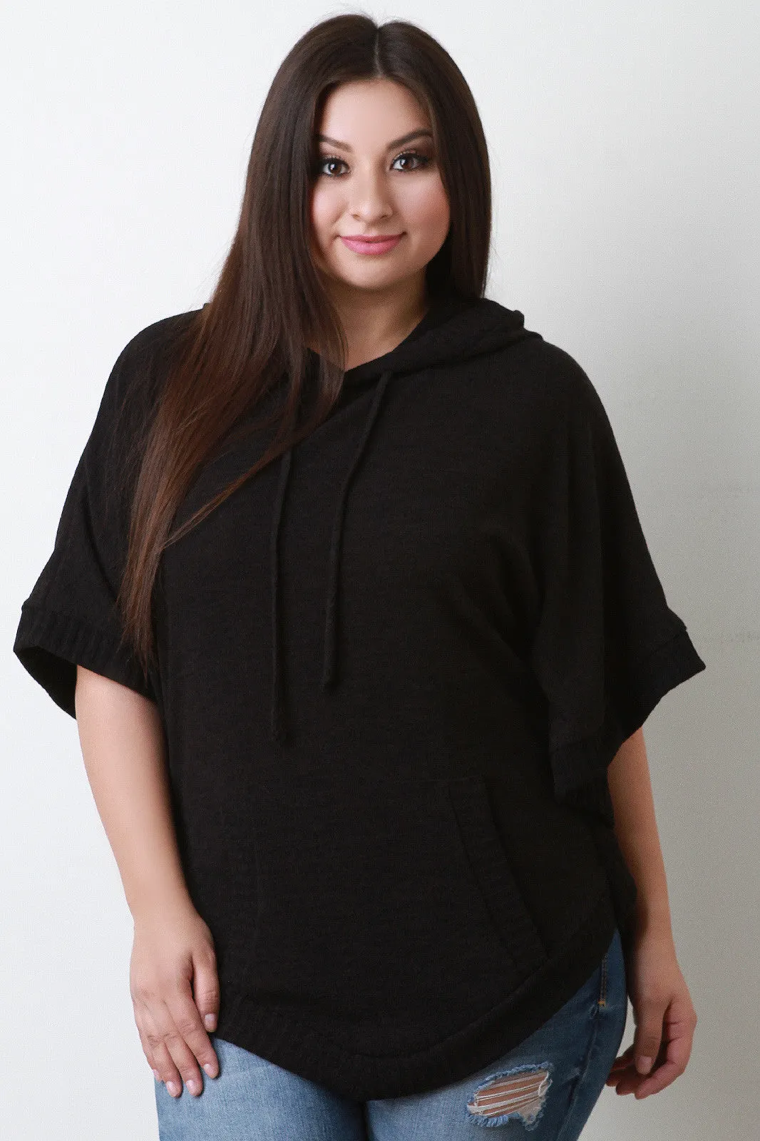 Hooded Rounded Hem Poncho Sweater