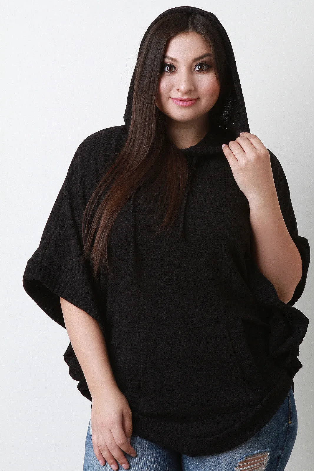 Hooded Rounded Hem Poncho Sweater