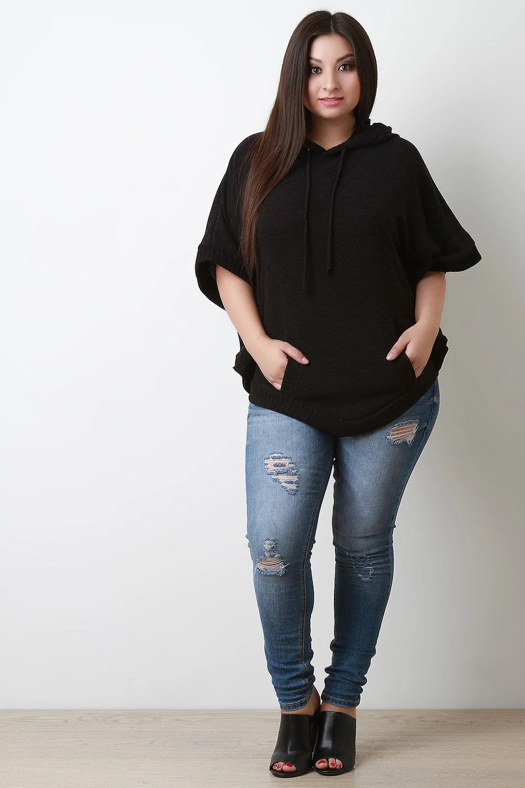 Hooded Rounded Hem Poncho Sweater