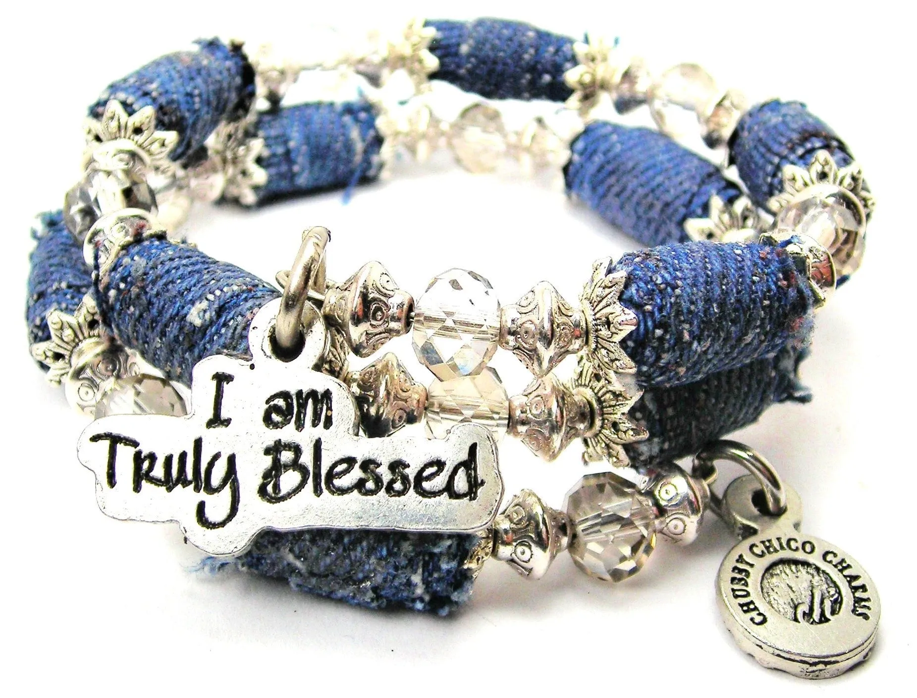 I Am Truly Blessed Blue Jean Beaded Wrap Bracelet