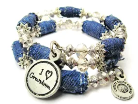 I Love Grandma Child Handwriting Blue Jean Beaded Wrap Bracelet