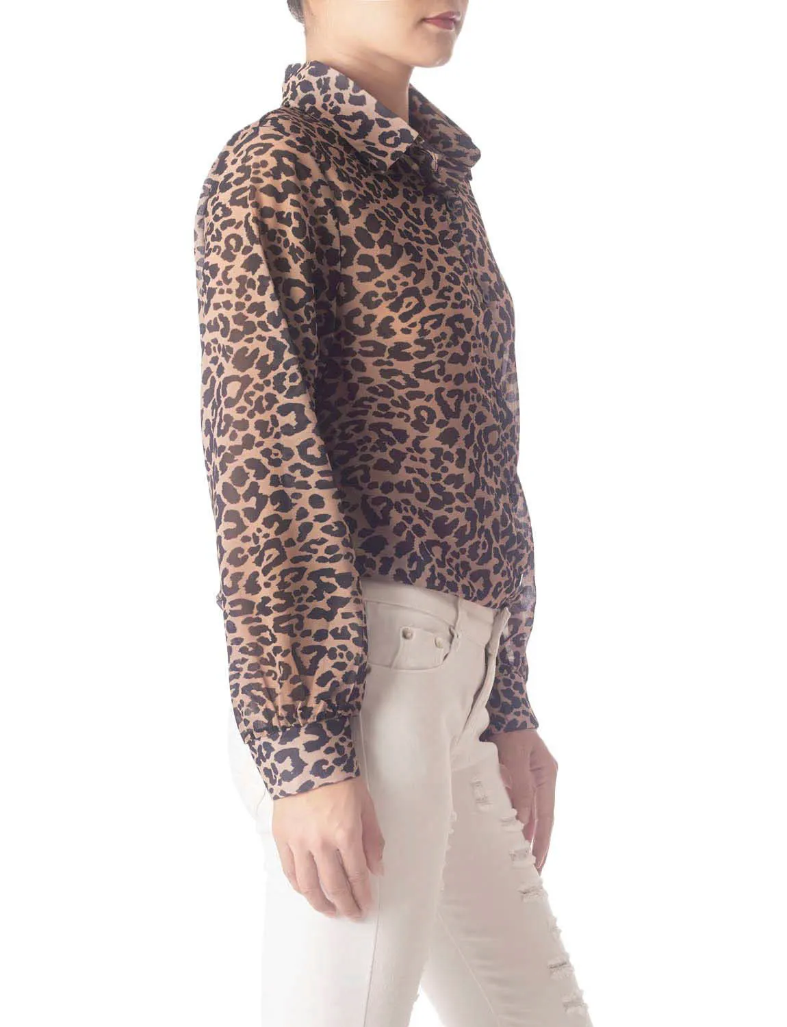 iB-iP Women's Leopard Patterned Casual Button Semi Sheer Long Sleeve Shirt