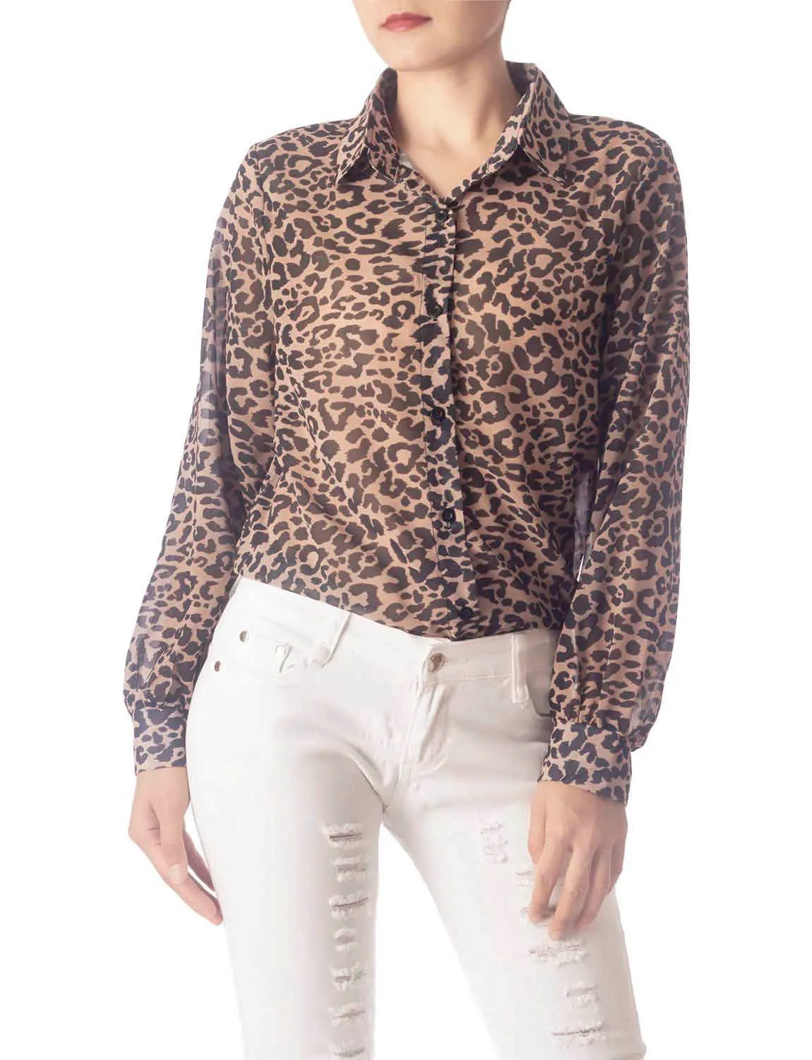 iB-iP Women's Leopard Patterned Casual Button Semi Sheer Long Sleeve Shirt