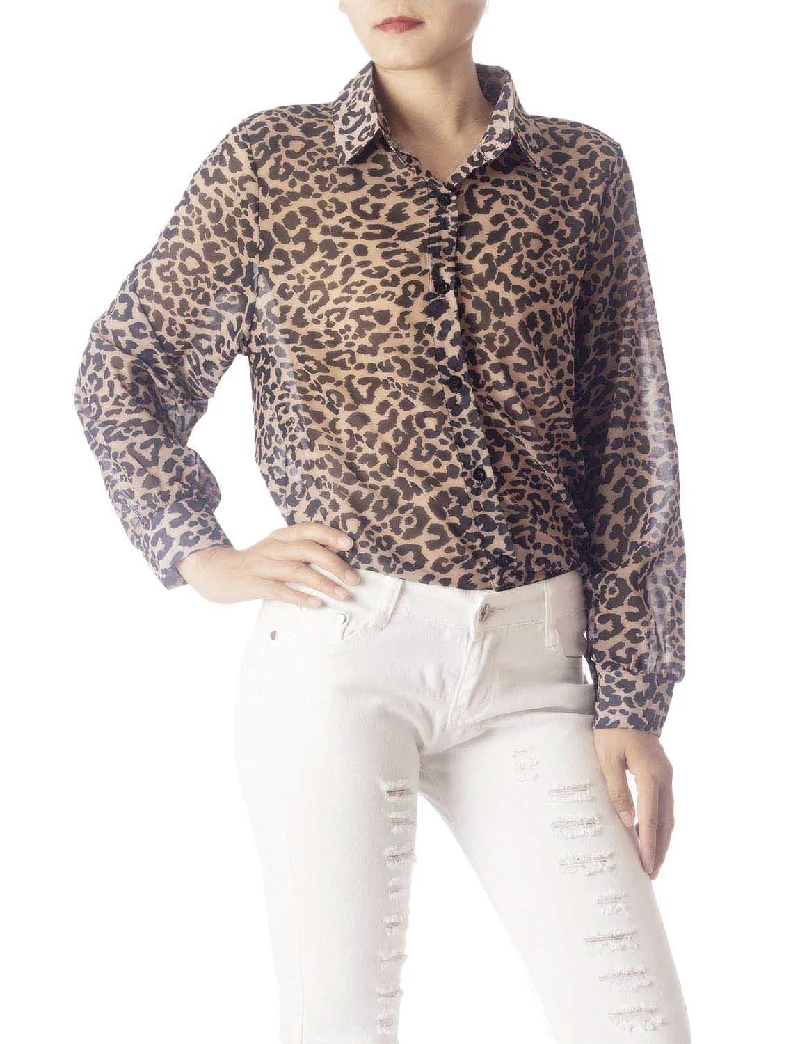 iB-iP Women's Leopard Patterned Casual Button Semi Sheer Long Sleeve Shirt