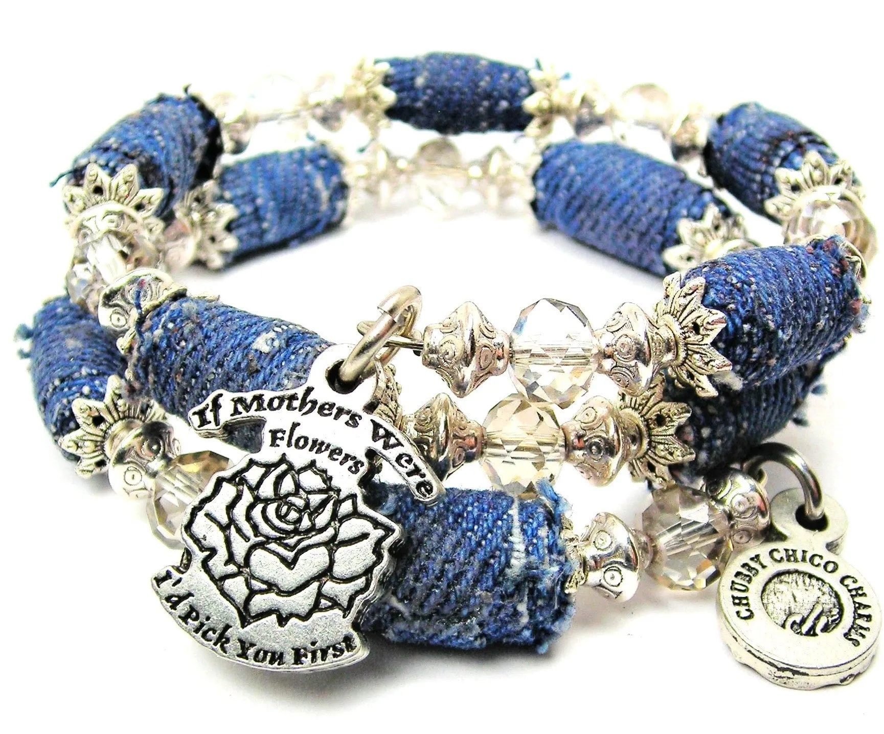 If Mothers Were Flowers I'd Pick You First Blue Jean Beaded Wrap Bracelet