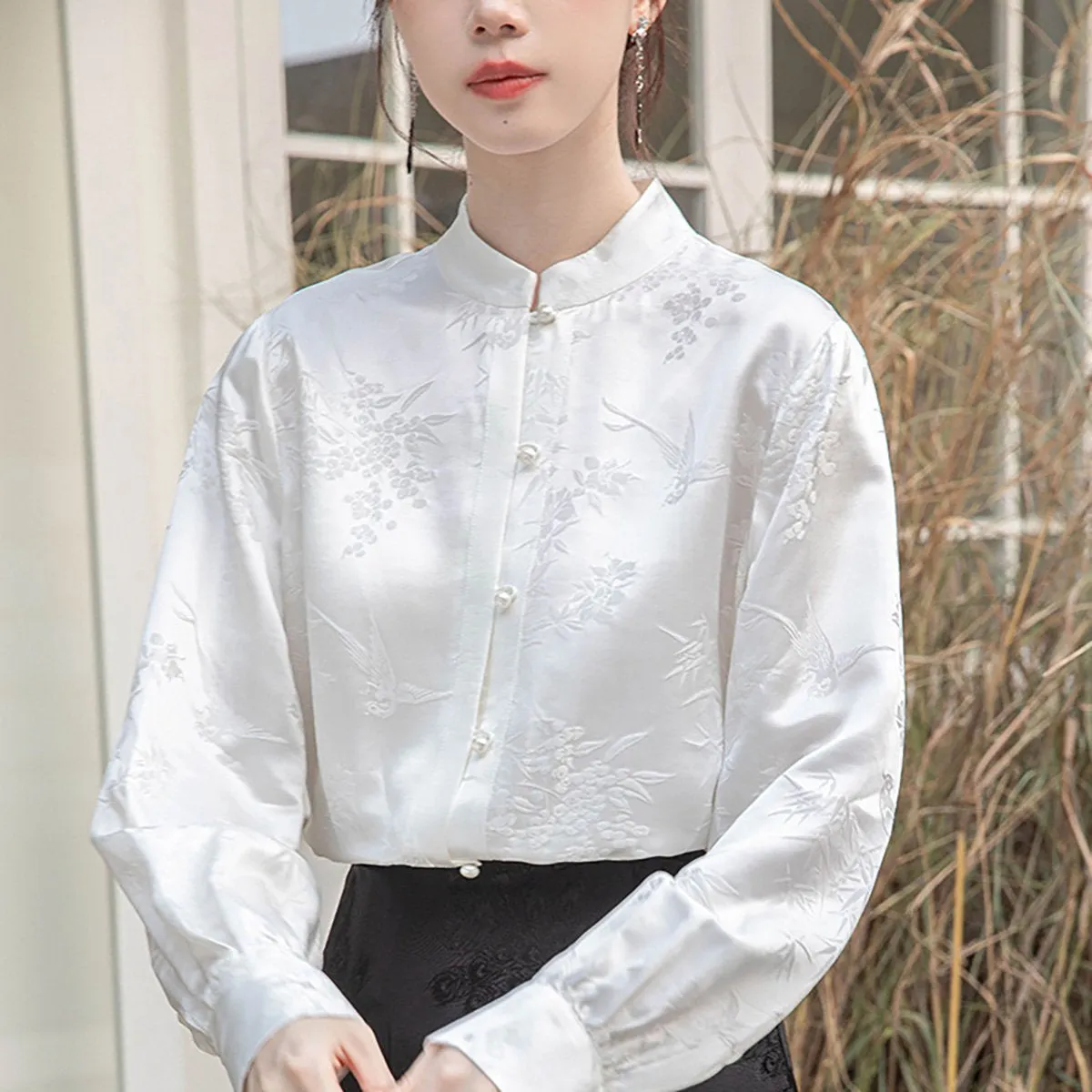 Ivory Floral Long-Sleeved Chinese Style Shirt