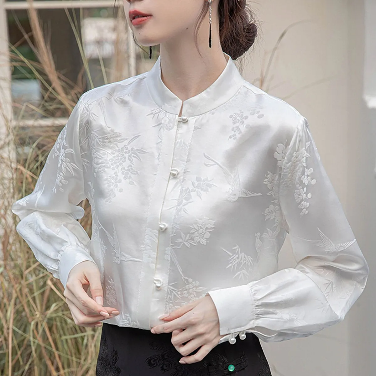 Ivory Floral Long-Sleeved Chinese Style Shirt