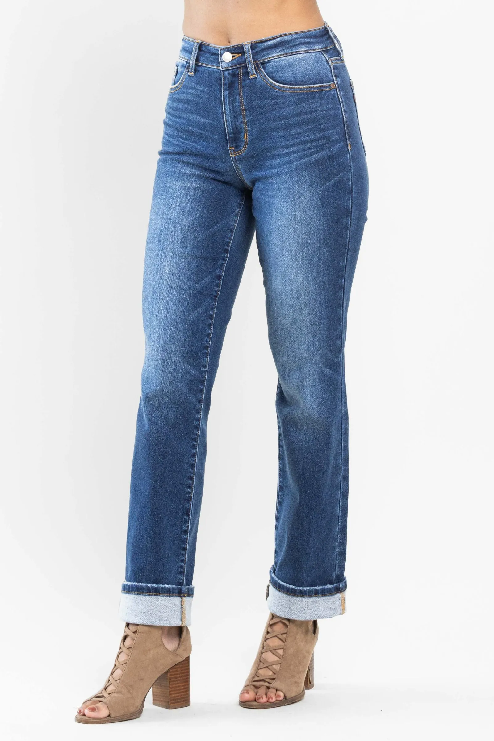 Judy Blue Contrast Thermal Straight Leg Jeans (Dark Wash)