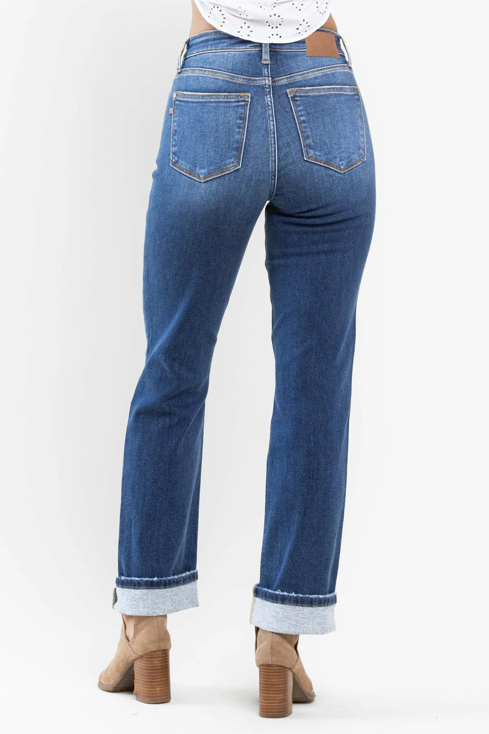 Judy Blue Contrast Thermal Straight Leg Jeans (Dark Wash)