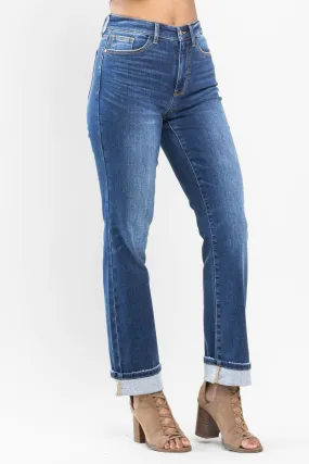 Judy Blue Contrast Thermal Straight Leg Jeans (Dark Wash)