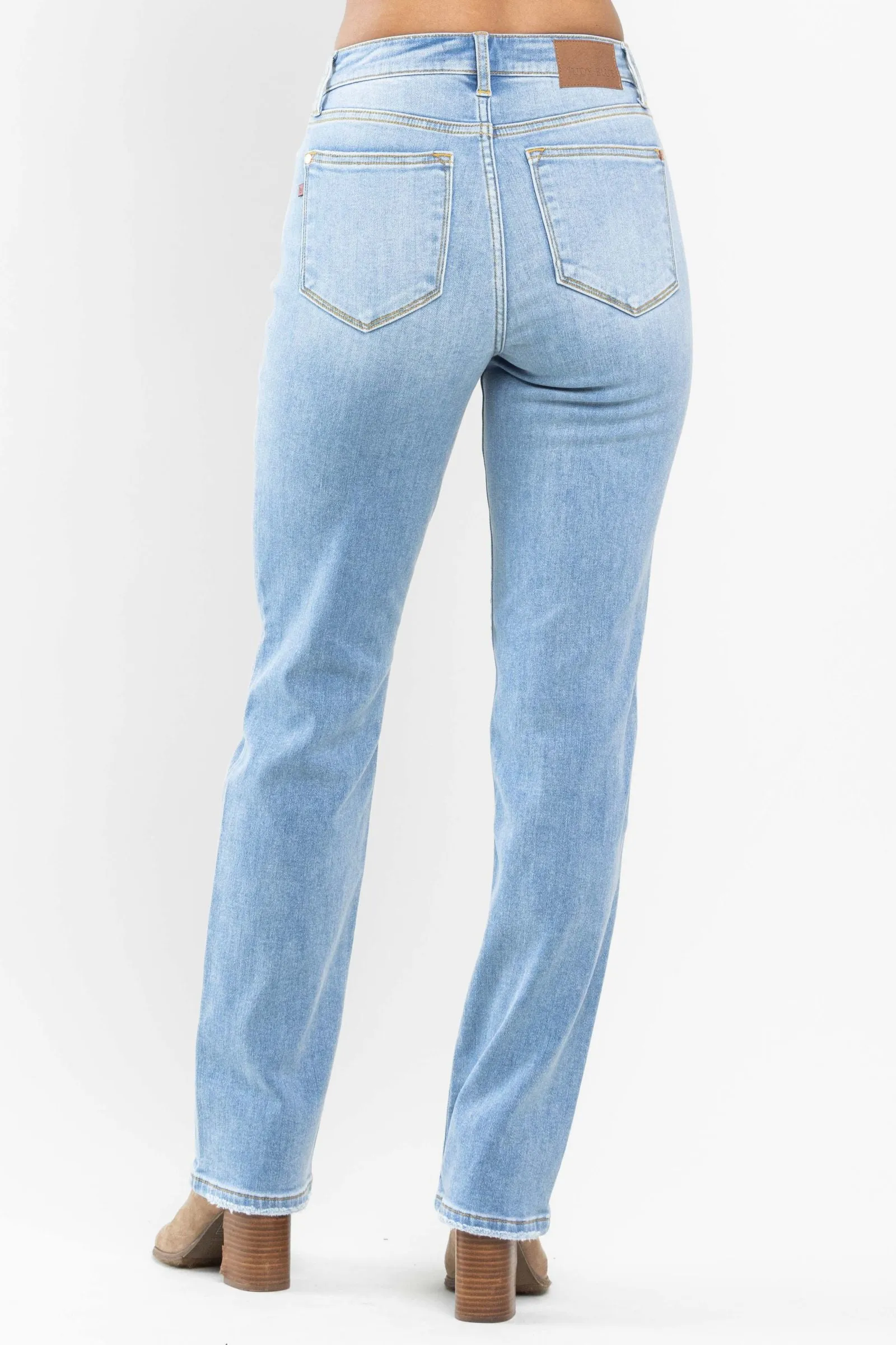 Judy Blue Contrast Thermal Straight Leg Jeans (Medium Wash)