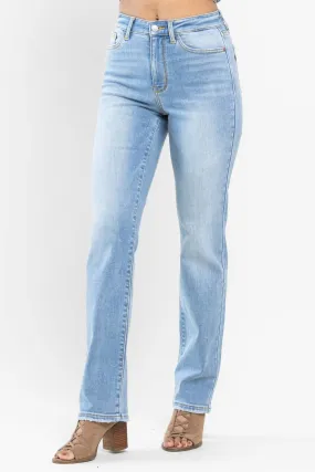 Judy Blue Contrast Thermal Straight Leg Jeans (Medium Wash)