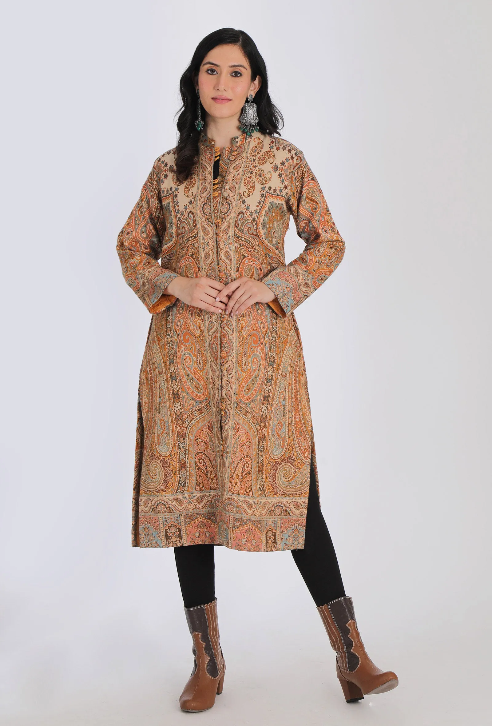 Kashifa Ecru Kani Jamavar Long Coat Outer Jacket