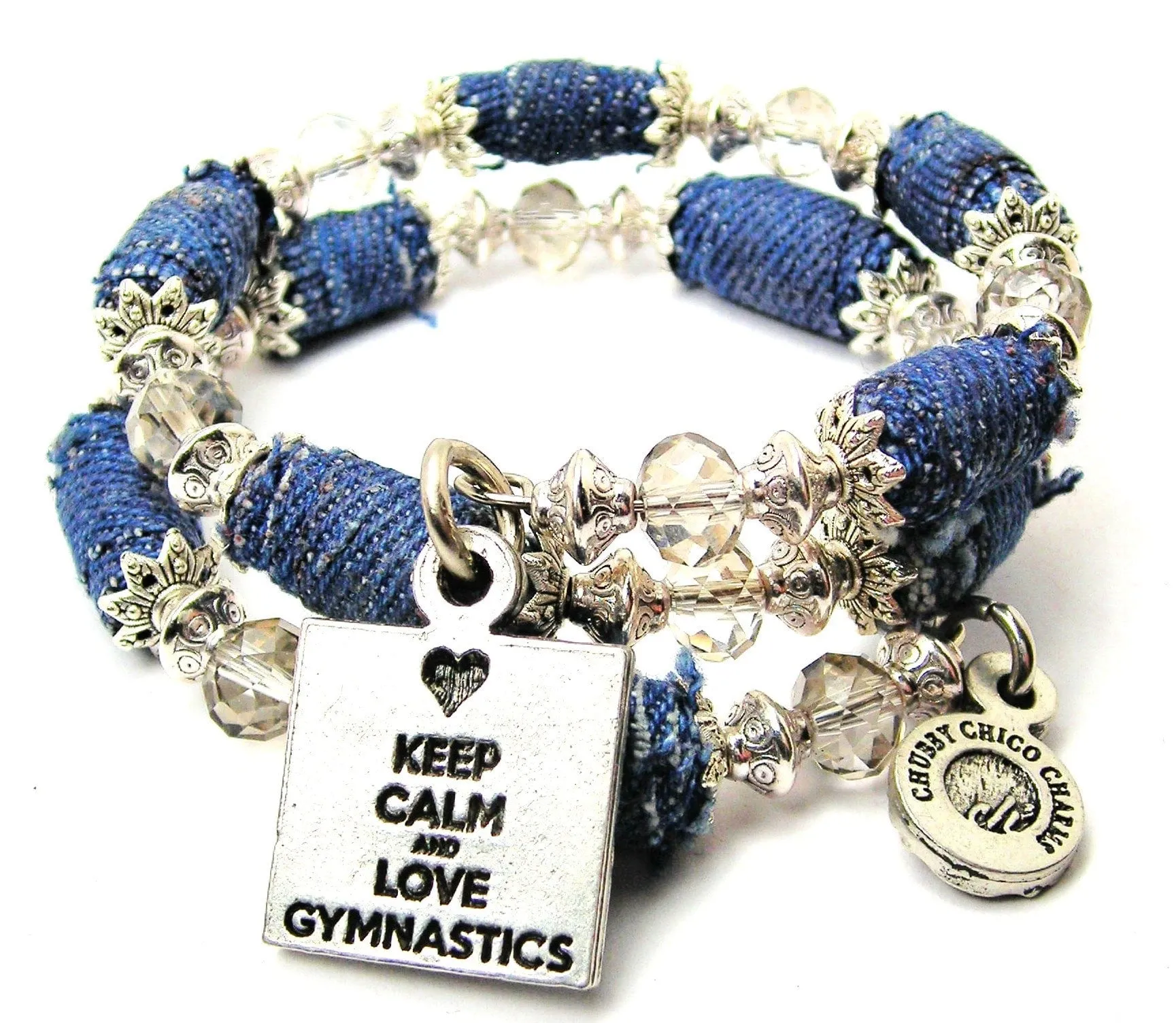 Keep Calm And Love Gymnastics Blue Jean Beaded Wrap Bracelet