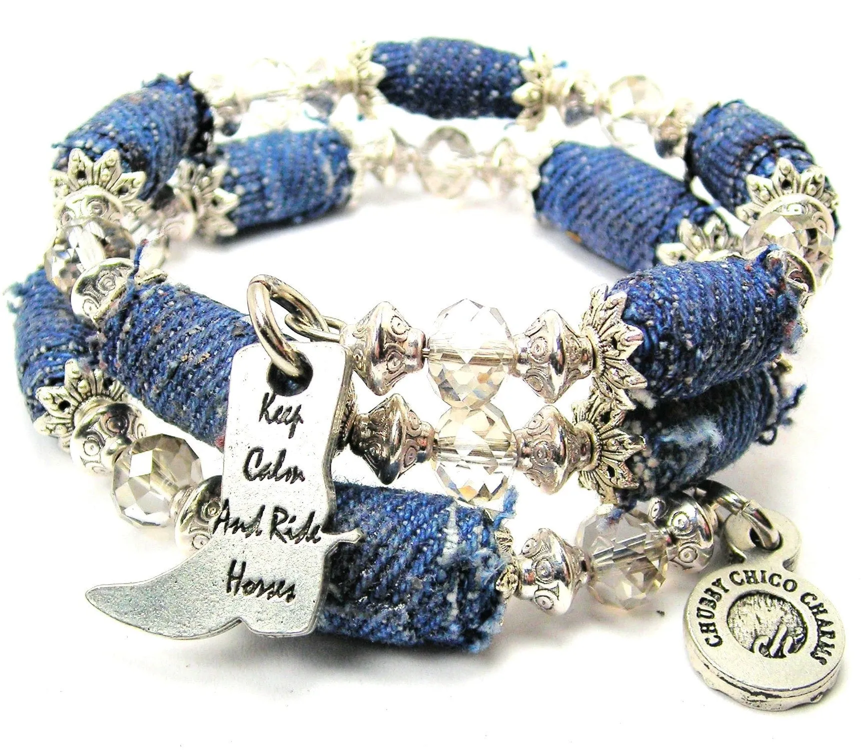 Keep Calm And Ride Horses Blue Jean Beaded Wrap Bracelet