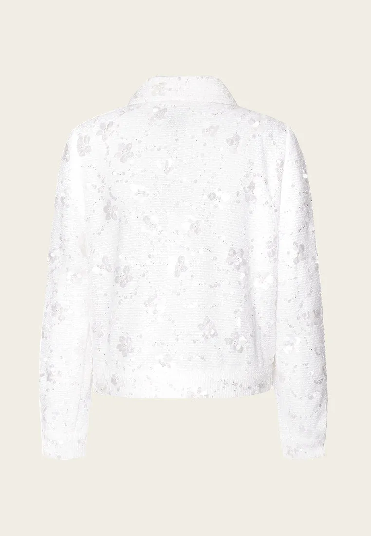 Lapel White Tweed Sequin and Bead Detailing Jacket