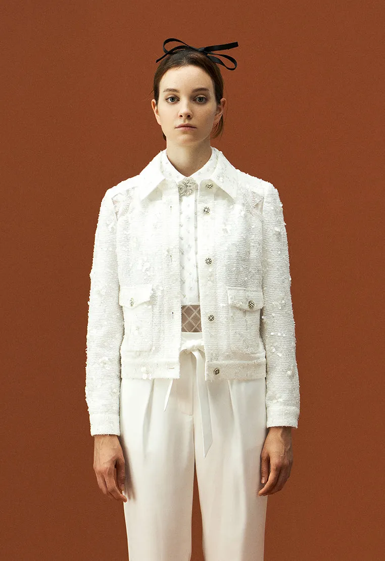 Lapel White Tweed Sequin and Bead Detailing Jacket