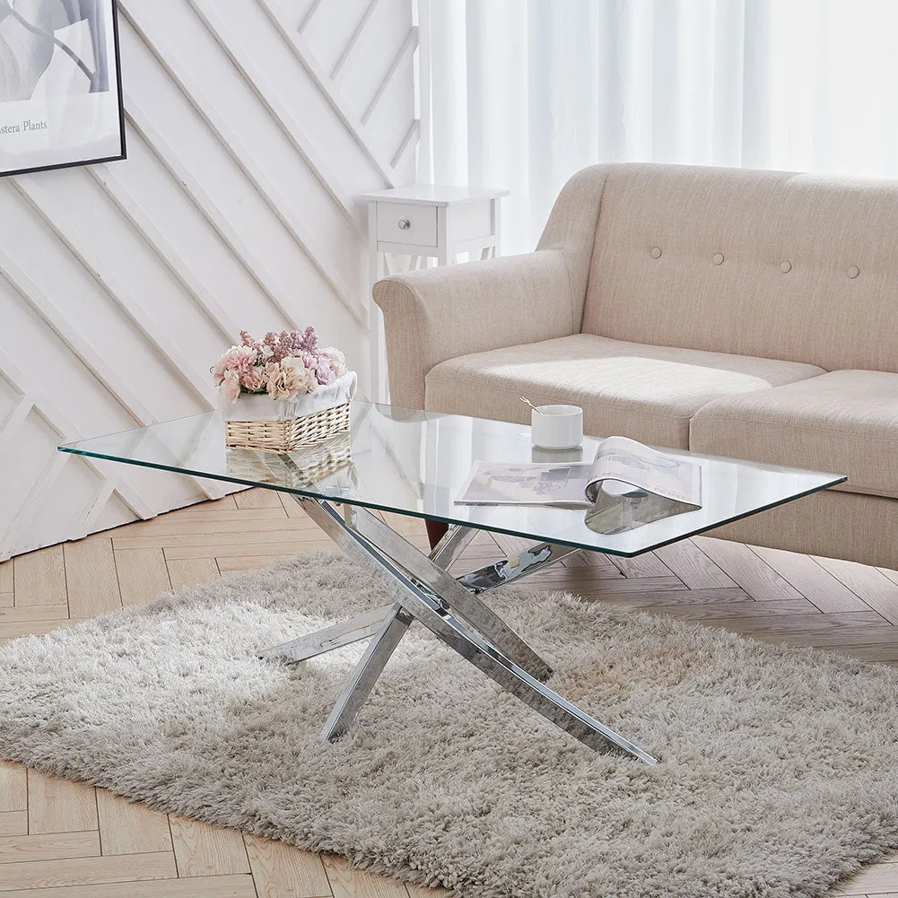 Living Room Coffee Table Glass Top End Table Modern Metal Frame Console Table