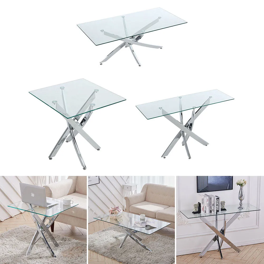 Living Room Coffee Table Glass Top End Table Modern Metal Frame Console Table