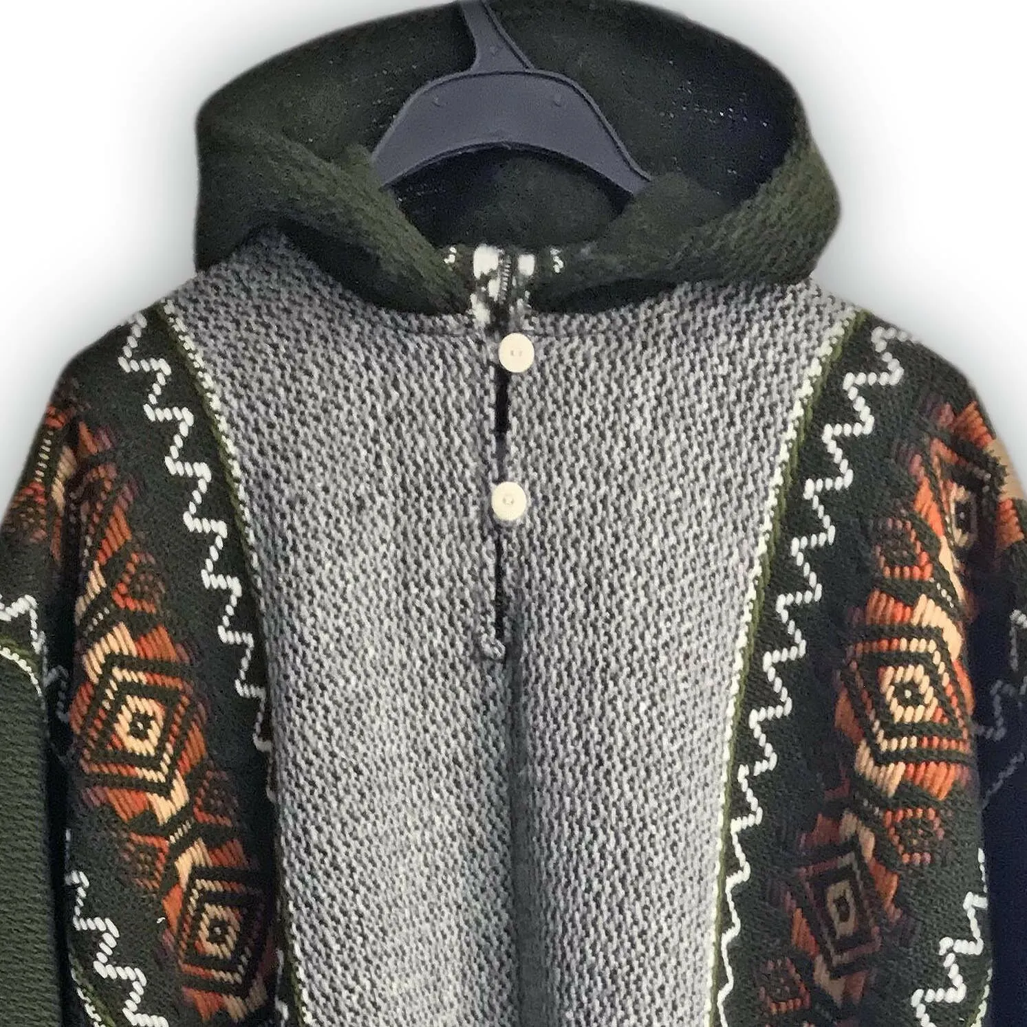 Llama Wool Unisex South American Handwoven Hooded Poncho - solid olive green with diamonds pattern